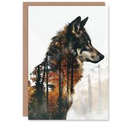 Artery8 Men's Birthday Card Double Exposure Wolf Autumn Forest Trees For Him Dad Brother Son Papa Grandad Greeting Card in Brown Artery8 Brown