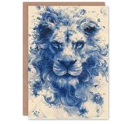 Artery8 Birthday Card Ethereal Lion Blue Chinese Porcelain Flowers For Him Man Male Dad Brother Son Papa Grandad Greeting Card