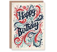 Artery8 Men's Birthday Card Filigree Red Blue Letterpress Pattern For Him Dad Brother Son Papa Grandad Greeting Card in Beige Artery8 Beige