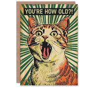 Artery8 Men's Birthday Card Pop Art Cat Scream How Old Joke Fun Bold For Him Dad Brother Son Papa Grandad Greeting Card in Green Artery8 Green