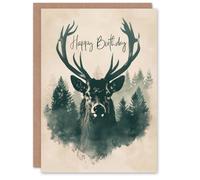 Artery8 Men's Birthday Card Scottish Stag in Forest Highlands Animal For Him Dad Brother Son Papa Grandad Greeting Card in Dark Green Artery8 Dark Green