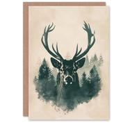 Artery8 Men's Birthday Card Stag in Highland Forest Realistic Animal For Him Dad Brother Son Papa Grandad Greeting Card in Dark Green Artery8 Dark Green