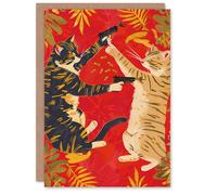 Artery8 Birthday Card Tabby Cats Fight Fun Quirky Design For Him Man Male Dad Brother Son Papa Grandad Greeting Card
