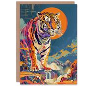 Artery8 Men's Birthday Card Tiger Colourful Japanese Temple Waterfall For Him Dad Brother Son Papa Grandad Greeting Card Artery8 Multicolor