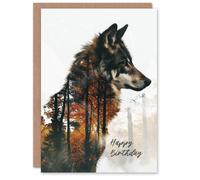 Artery8 Birthday Card Wolf Autumn Forest Trees Double Exposure For Him Man Male Dad Brother Son Papa Grandad Greeting Card