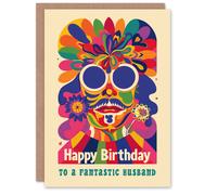 Artery8 Men's Happy Birthday Card to a Fantastic Husband Colourful Trippy Hippy Psychedelic Retro Hippie Artery8 Multicolor