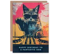 Artery8 Happy Birthday Card to a Fantastic Son Grunge DJ Cat Lover Vinyl Decks Records Music