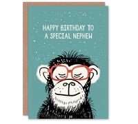 Artery8 Men's Happy Birthday Card to a Special Nephew Cheeky Chimp Nerd Chimpanzee Monkey in Duck Egg Blue Artery8 Duck Egg Blue