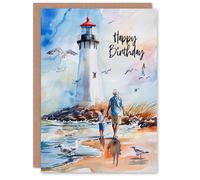 Artery8 Lighthouse Seagulls Beach Walk With Grandad For Him Man Birthday Card