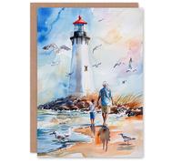 Lighthouse Seagulls Beach Walk With Grandad Retirement Card Artery8 Blue One Size