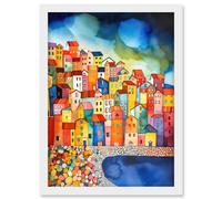 Artery8 Menton France Seaside Town Folk Art Artwork Framed Wall Art Print A4 in White Artery8 White