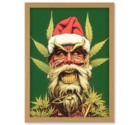 Artery8 Merry Christmas Marijuana Laughing Santa Portrait Illustration Artwork Framed Wall Art Print A4 in Light Oak Artery8 Light Oak