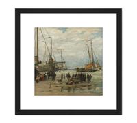 Artery8 Mesdag Fishing Pinks In Breaking Waves Painting 8X8 Inch Square Wooden Framed Wall Art Print Picture with Mount in Black Artery8 Black