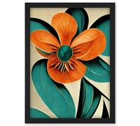 Artery8 Metropolis Art Deco Poppy Flower Teal Orange Cream Artwork Framed Wall Art Print A4 in Black Artery8 Black