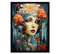 Artery8 Metropolis Art Deco Woman Portrait With Flowers Artwork Bold Bright Artwork Framed Wall Art Print 18X24 Inch