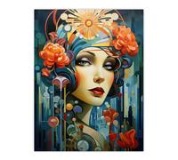 Metropolis Art Deco Woman Portrait With Flowers Artwork Bold Bright Extra Large XL Unframed Wall Art Poster Print Artery8 Multi W24 inch x H32 inch