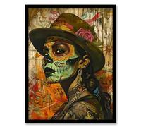 Mexican Day of the Dead Portrait Street Art Tattoos Framed Art Print Artery8 Brown A4