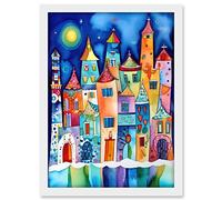 Artery8 Midnight Abstract Town Folk Art Artwork Framed A3 Wall Art Print