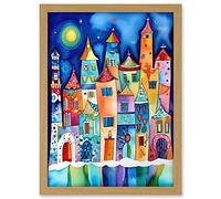 Artery8 Midnight Abstract Town Folk Art Artwork Framed A3 Wall Art Print