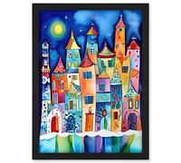 Artery8 Midnight Abstract Town Folk Art Artwork Framed A3 Wall Art Print