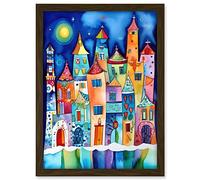 Artery8 Midnight Abstract Town Folk Art Artwork Framed A3 Wall Art Print