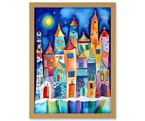 Artery8 Midnight Abstract Town Folk Art Artwork Framed A3 Wall Art Print