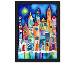 Artery8 Midnight Abstract Town Folk Art Artwork Framed A3 Wall Art Print