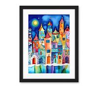 Artery8 Midnight Abstract Town Folk Art Artwork Framed Wall Art Print 18X24 Inch