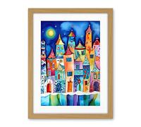 Artery8 Midnight Abstract Town Folk Art Artwork Framed Wall Art Print 18X24 Inch