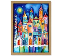 Artery8 Midnight Abstract Town Folk Art Artwork Framed Wall Art Print A4