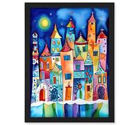 Artery8 Midnight Abstract Town Folk Art Artwork Framed Wall Art Print A4