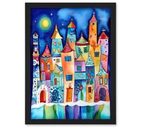 Artery8 Midnight Abstract Town Folk Art Artwork Framed Wall Art Print A4