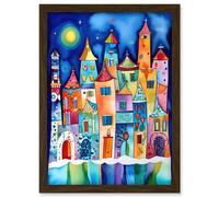 Artery8 Midnight Abstract Town Folk Art Artwork Framed Wall Art Print A4