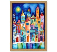 Artery8 Midnight Abstract Town Folk Art Artwork Framed Wall Art Print A4