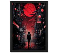 Artery8 Midnight Blood Moon in Tokyo Conceptual Artwork Gothic Street Japanese Cityscape Artwork Framed Wall Art Print A4