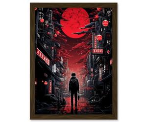 Artery8 Midnight Blood Moon in Tokyo Conceptual Artwork Gothic Street Japanese Cityscape Artwork Framed A3 Wall Art Print
