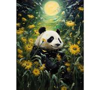 Artery8 Midsummer Night's Panda Dream Oil Painting Panda Bear in a Full Moon Sunflower Field Landscape Kids Bedroom Large Wall Art Poster Print Thick Paper 18X24 Inch