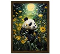 Artery8 Midsummer Night's Panda Dream Oil Painting Panda Bear in a Full Moon Sunflower Field Landscape Kids Bedroom Artwork Framed A3 Wall Art Print