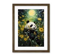 Artery8 Midsummer Night's Panda Dream Oil Painting Panda Bear in a Full Moon Sunflower Field Landscape Kids Bedroom Artwork Framed Wall Art Print 18X24 Inch