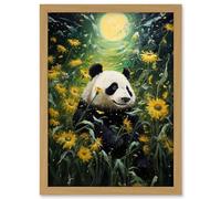 Artery8 Midsummer Night's Panda Dream Oil Painting Panda Bear in a Full Moon Sunflower Field Landscape Kids Bedroom Artwork Framed A3 Wall Art Print