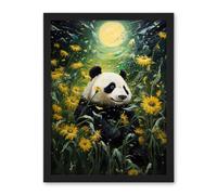 Artery8 Midsummer Night's Panda Dream Oil Painting Panda Bear in a Full Moon Sunflower Field Landscape Kids Bedroom Artwork Framed Wall Art Print 18X24 Inch