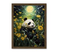 Artery8 Midsummer Night's Panda Dream Oil Painting Panda Bear in a Full Moon Sunflower Field Landscape Kids Bedroom Artwork Framed Wall Art Print 18X24 Inch