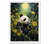Artery8 Midsummer Night's Panda Dream Oil Painting Panda Bear in a Full Moon Sunflower Field Landscape Kids Bedroom Artwork Framed A3 Wall Art Print
