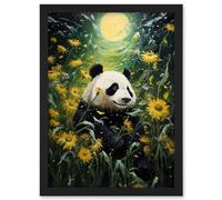 Artery8 Midsummer Night's Panda Dream Oil Painting Panda Bear in a Full Moon Sunflower Field Landscape Kids Bedroom Artwork Framed A3 Wall Art Print