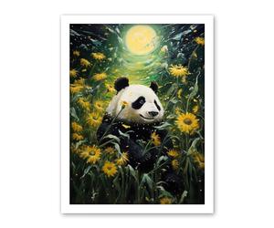 Artery8 Midsummer Night's Panda Dream Oil Painting Panda Bear in a Full Moon Sunflower Field Landscape Kids Bedroom Artwork Framed Wall Art Print 18X24 Inch