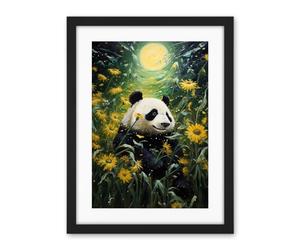 Artery8 Midsummer Night's Panda Dream Oil Painting Panda Bear in a Full Moon Sunflower Field Landscape Kids Bedroom Artwork Framed Wall Art Print 18X24 Inch