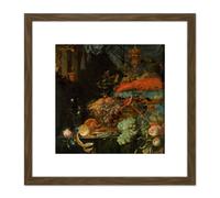 Artery8 Mignon Still Life With Fruit Goldfinch Painting 8X8 Inch Square Wooden Framed Wall Art Print Picture with Mount in Brown Artery8 Brown