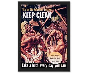Artery8 Military Advert War World WWII USA Keep Clean Health Bath Shower Soldier Artwork Framed Wall Art Print A4