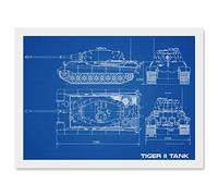Military Tiger II Panzer Kampfwagen Heavy Tank Blueprint Plan Artwork Framed Wall Art Print A4 Artery8 White One Size