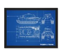 Military Tiger II Panzer Kampfwagen Heavy Tank Blueprint Plan Artwork Framed Wall Art Print A4 Artery8 Black One Size